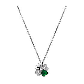Amen necklace with four-leaf clover, 925 silver, white and green zircons
