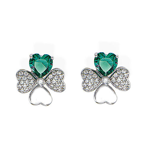 Amen stud earrings silver four leaf clover green zircons 1