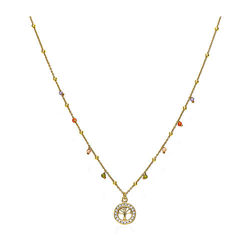 Amen necklace with tree of life, gold plated 925 silver and multicoloured beads 1