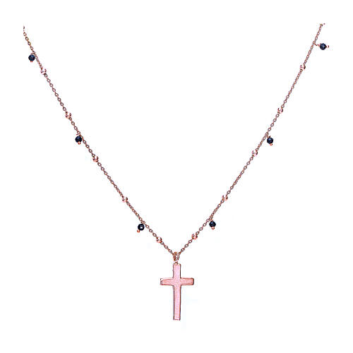 Kette mit Kreuz-Anhänger, lang, AMEN, 925er Silber Rosé-Finish, schwarze Kristalle 1