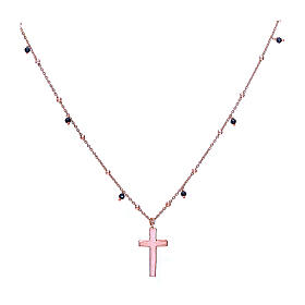 Colar comprido prata 925 rosada linha AMEN contas preta pingente cruz