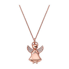 Amen necklace of 925 silver, coppery finish, with angel-shaped pendant, wings with zircons
