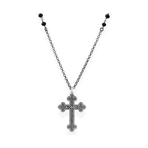 Kette mit Anhänger, dreilappiges Kreuz, AMEN, 925er Silber brüniert, schwarze Kristalle 1