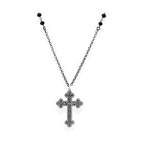 Amen necklace with budded cross and black beads, 925 silver in antique finish