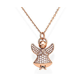 Amen necklace of 925 silver, copper finish, with angel-shaped pendant full of zircons