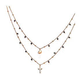 Amen rose double chain necklace with cross heart and black beads
