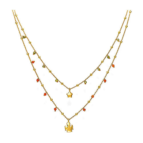 Amen double necklace with green and orange beads, star and angel, gold plated 925 silver 1