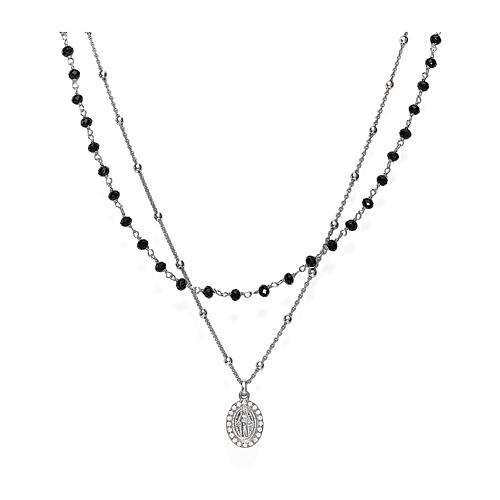 Amen double necklace with black beads and Miraculous Medal, 925 silver and zircons 1