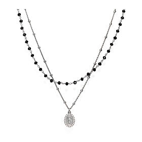 Amen necklace double silver beads black crystal pendant medal Miraculous Mary zircon