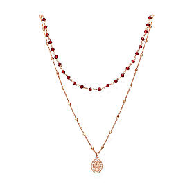 Amen double necklace with red beads and ex-voto heart, 925 silver in copper finish and zircons