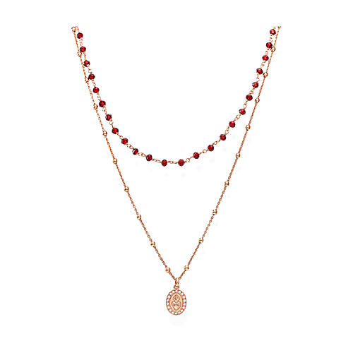 Amen double necklace with red beads and ex-voto heart, 925 silver in copper finish and zircons 1