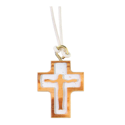 Olivewood cross with embossed body of Christ and white lanyard 1