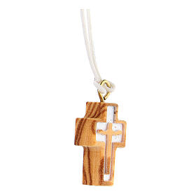 Olive wood cross in relief, body of Jesus, white cord