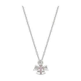 Amen necklace with angel-shaped pendant, white and pink zircons and 925 silver