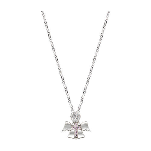 Amen necklace with angel-shaped pendant, white and pink zircons and 925 silver 1