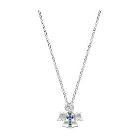 Amen necklace with angel-shaped pendant, white and blue zircons and 925 silver