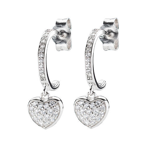 Amen j-hoop earrings with heart-shaped pendant, white zircons and 925 silver 1