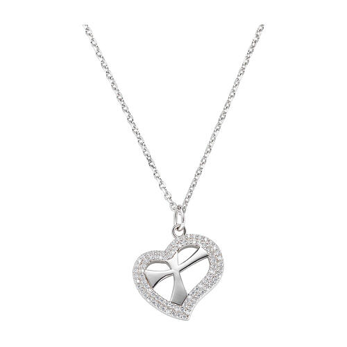 Amen necklace with Cross in the Heart pendant, white zircons and 925 silver 1