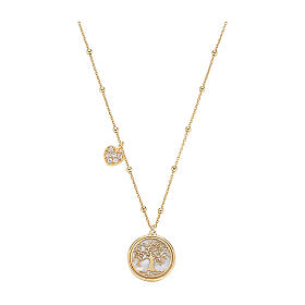 Amen necklace with Tree of Life medal and heart-shaped charm, mother-of-pearl and gold plated 925 silver