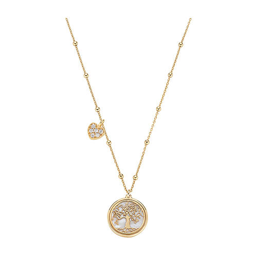 Amen necklace with Tree of Life medal and heart-shaped charm, mother-of-pearl and gold plated 925 silver 1