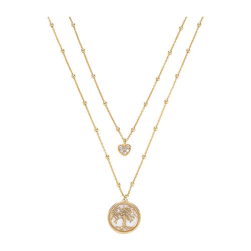 Amen double necklace with Tree of Life medal and heart-shaped pendant, mother-of-pearl and gold plated 925 silver 1