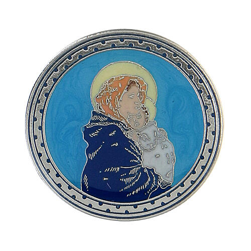 Broche alfinete Nossa Senhora com Menino Jesus fundo azul-turquesa 2,8 cm 1