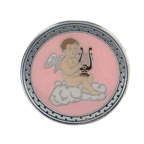 Broche alfinete anjo tocando lira fundo cor-de-rosa 2,8 cm 1
