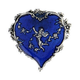 Heart-shaped broach, angel with flowers, blue enamel