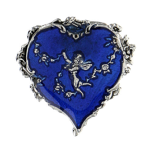 Heart-shaped broach, angel with flowers, blue enamel 1