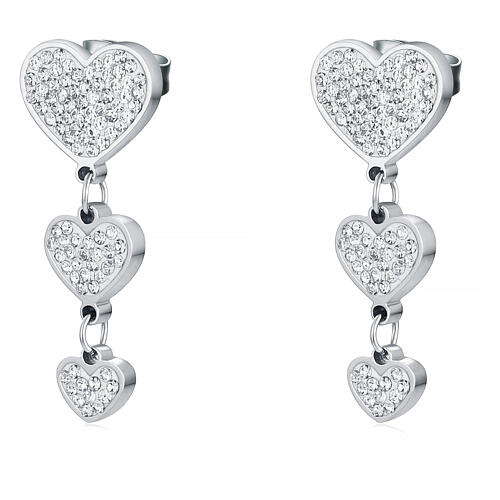 Journey earrings with three hearts, white rhinestones and hypoallergenic steel 1