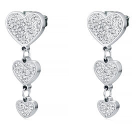 Earrings with 3 Hanging Hearts White Zircons Hypoallergenic Stainless Steel