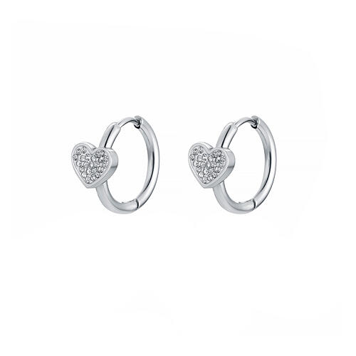 Huggie earrings with heart, steel and white rhinestones 1
