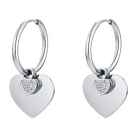 Hypoallergenic steel double heart pendant hoop earrings