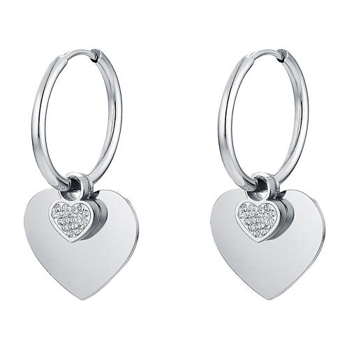 Hypoallergenic steel double heart pendant hoop earrings 1