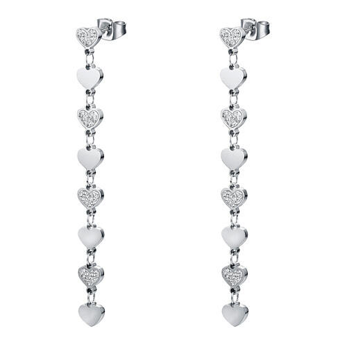 Designer earrings with small hearts, hypoallergenic steel and white rhinestones 1