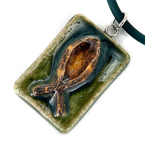 Ceramic pendant, square with fish 3