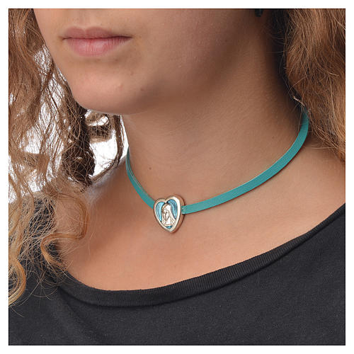 Choker necklace in light blue leather with Virgin Mary pendant 3