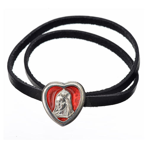 Choker necklace in black leather, Virgin Mary pendant red enamel 1