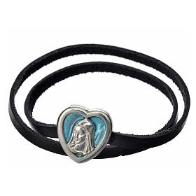 Pingentes Vários: Gargantilha couro preto placa Virgem esmalte azul