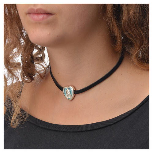 Choker necklace in black leather Virgin Mary pendant blue enamel 3