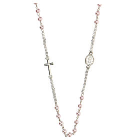 Necklace with three decade rosary, pink wax glass beads, 4 mm