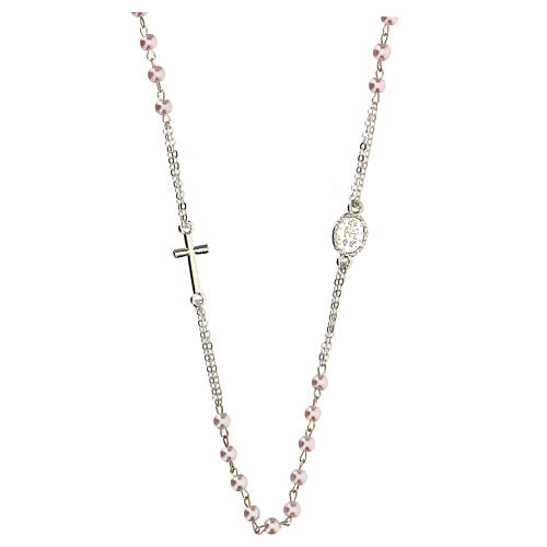 Necklace with three decade rosary, pink wax glass beads, 4 mm 1