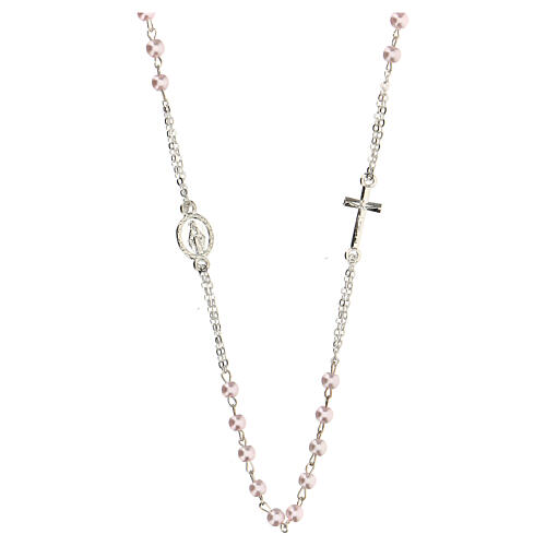 Necklace with three decade rosary, pink wax glass beads, 4 mm 2