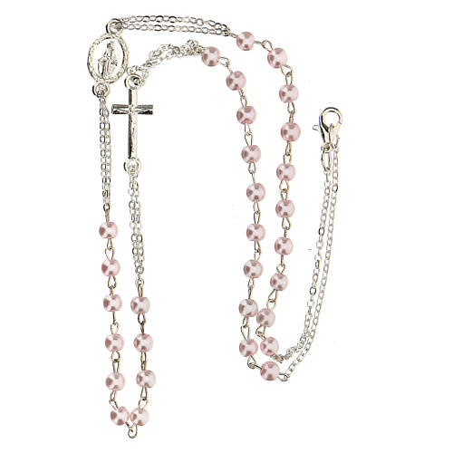 Necklace with three decade rosary, pink wax glass beads, 4 mm 3