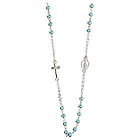 Necklace with three decade rosary, light blue wax glass beads, 4 mm