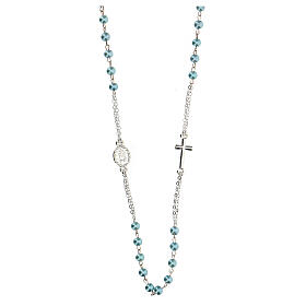Necklace with three decade rosary, light blue wax glass beads, 4 mm
