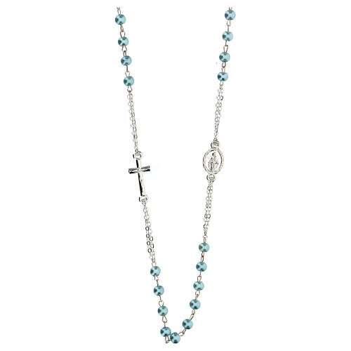 Necklace with three decade rosary, light blue wax glass beads, 4 mm 1