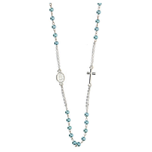 Necklace with three decade rosary, light blue wax glass beads, 4 mm 2