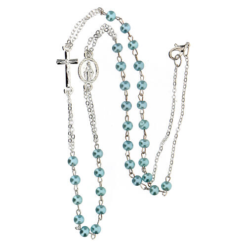 Necklace with three decade rosary, light blue wax glass beads, 4 mm 3