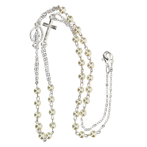 Necklace with three decade rosary, white wax glass beads, 4 mm 3